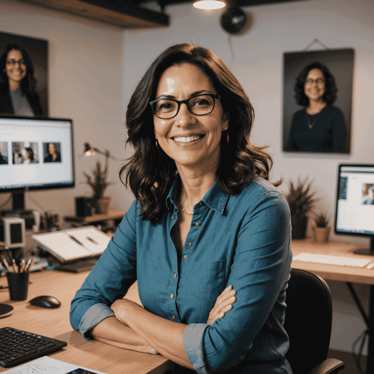 Foto de María González, fundadora y diseñadora principal, una mujer de mediana edad con gafas y cabello oscuro, sonriendo en un estudio de diseño