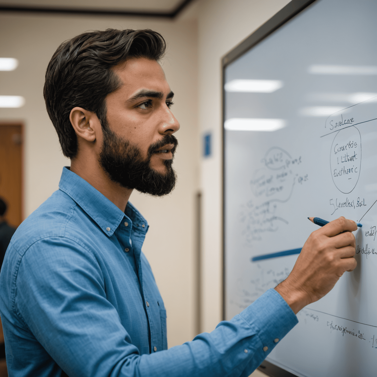 Foto de Carlos Ramírez, mentor líder, un hombre joven con barba y camisa azul, explicando algo en una pizarra