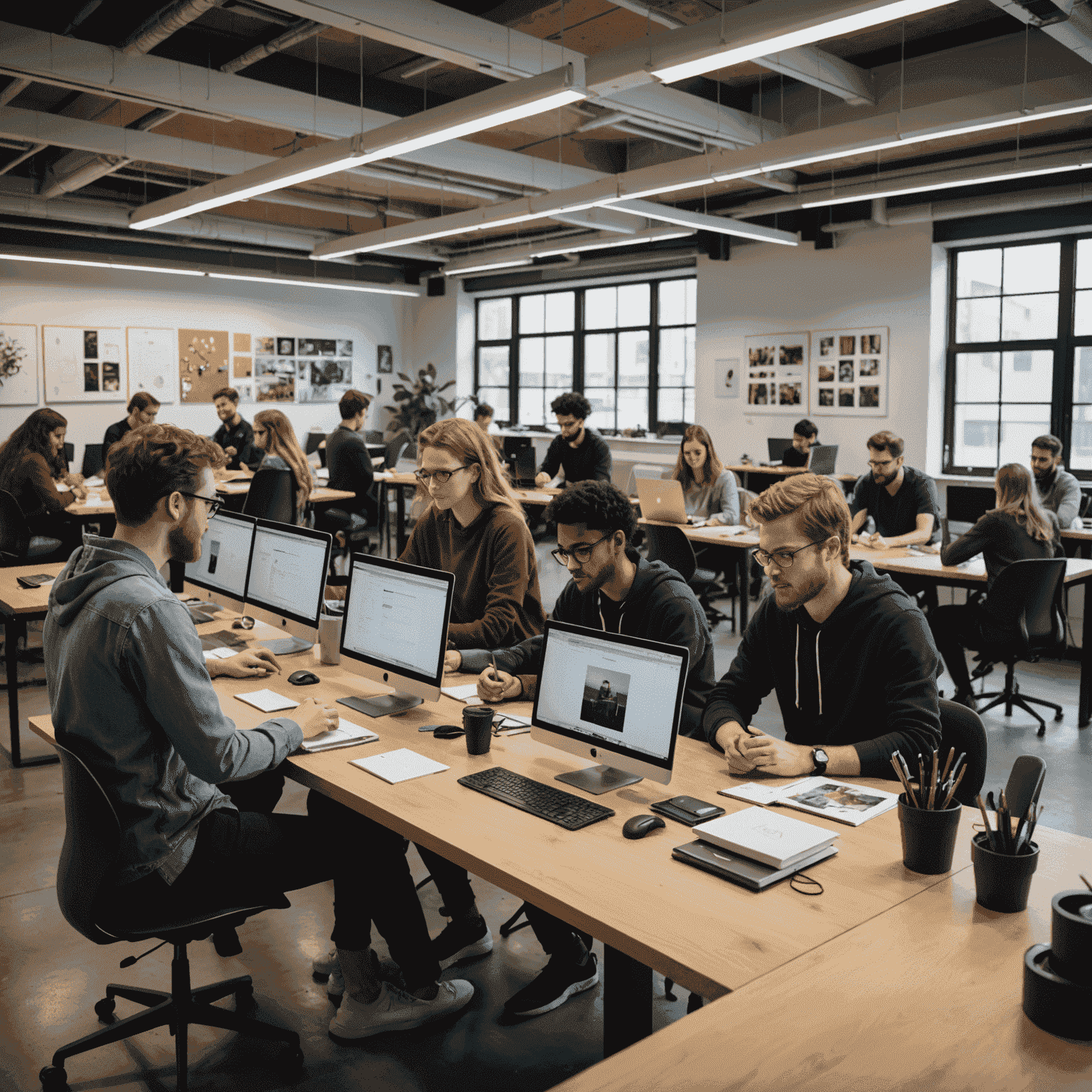 Un grupo diverso de estudiantes de diseño digital trabajando en sus proyectos con la guía de mentores en un espacio de trabajo moderno y colaborativo