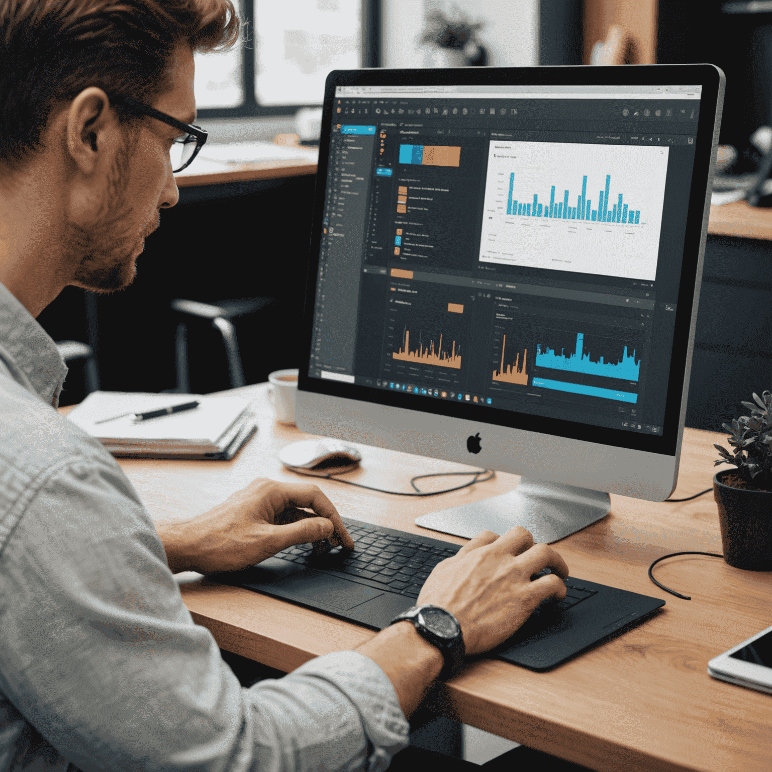 Diseñador ajustando detalles en un diseño de interfaz de usuario en su computadora